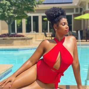 Plus Lace Up Plunging One Piece Swimsuit